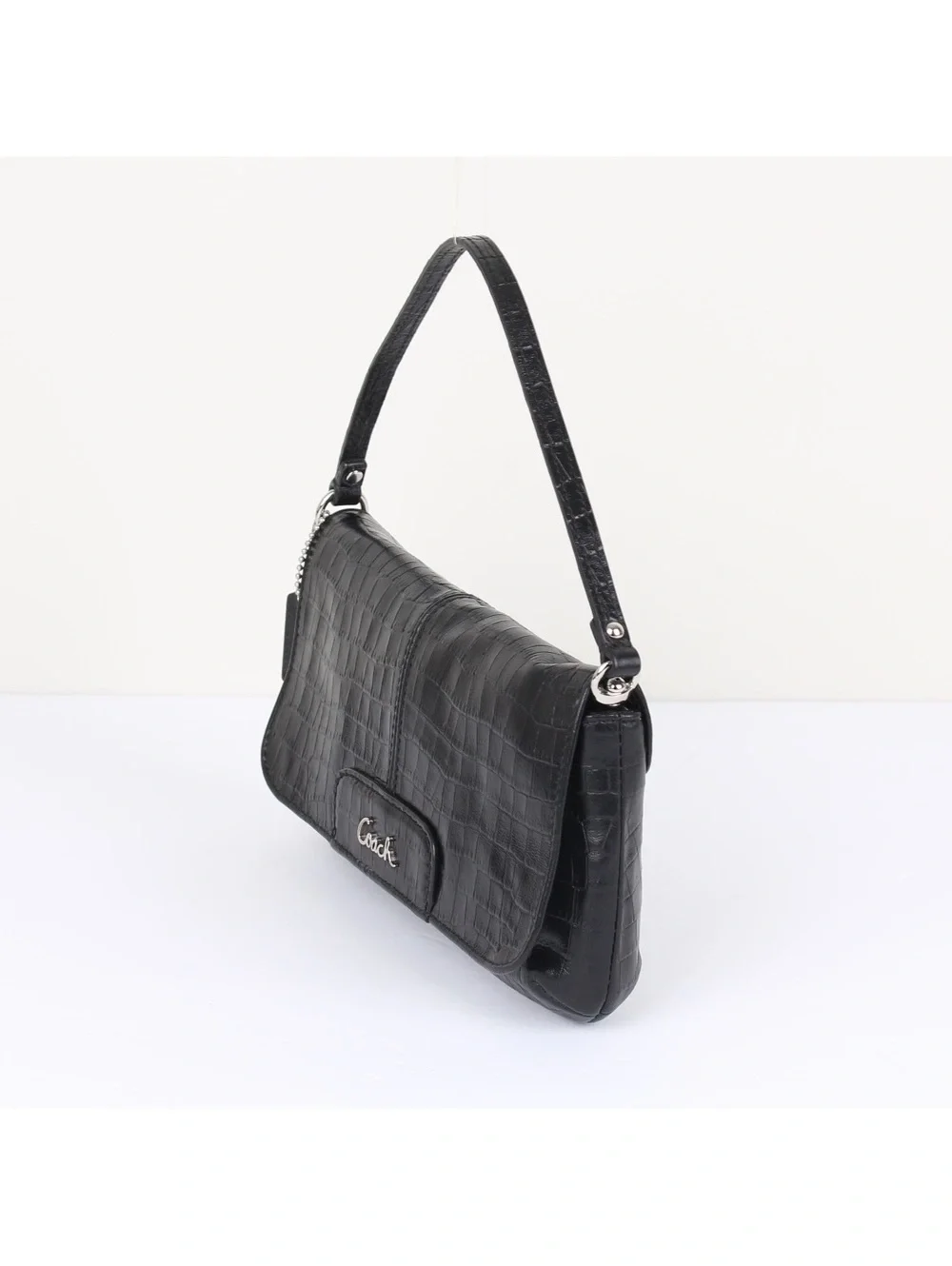 Coach Black Crocodile Embossed Leather Small Bag Silver Script Logo